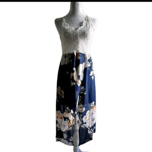 Floral Navy and White Backless Summer Dress XL